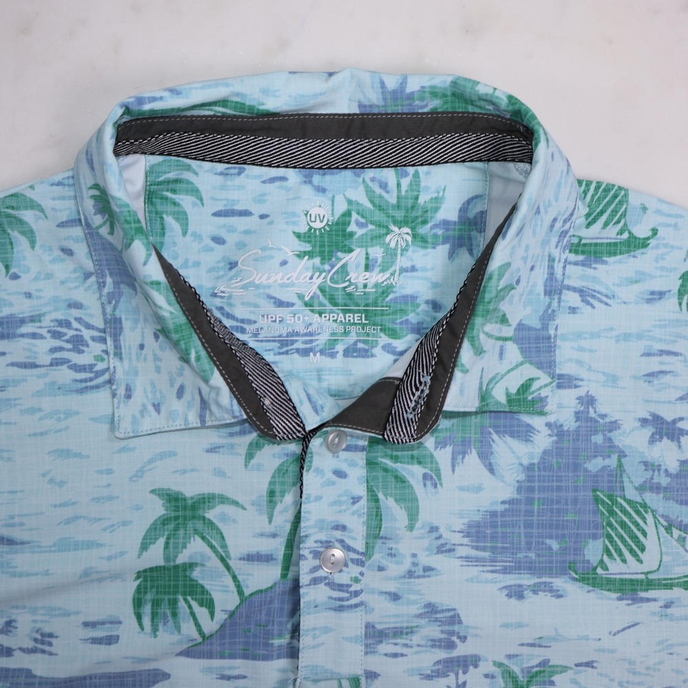 Sunday Crew Mens Blue Tropical Palm Tree UPF 50+ Polo Shirt Size M Golf